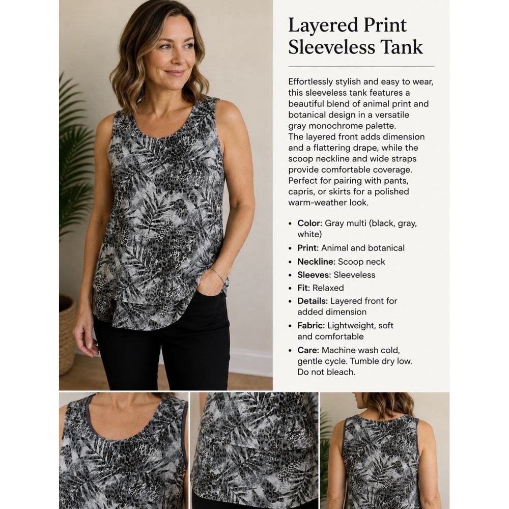 Diane Gilman DG2 Womens Large Grey Designed Leopard Print Tank Shirt New